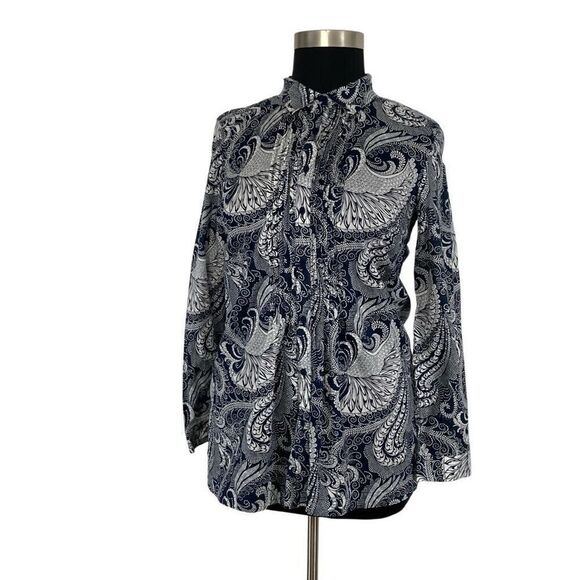 Talbots L Navy Paisley Button Down Top Pleated Oceanic Art to Wear Career Office - Picture 4 of 11